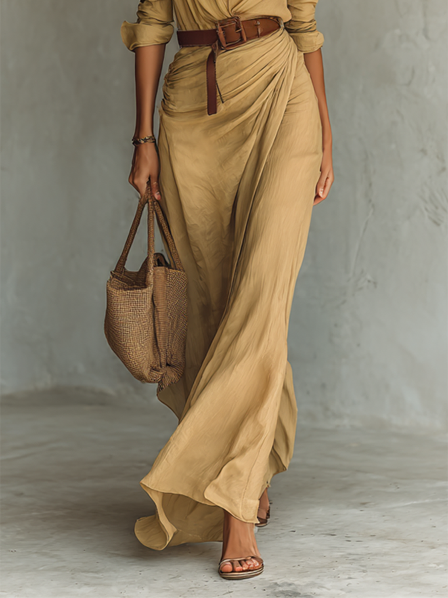 Robe Maxi Col Revers à Manches Longues