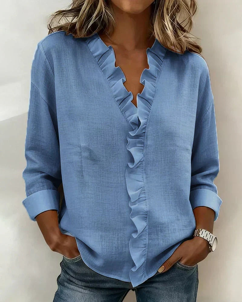 Indie | Blouse avec volants, décolleté en V et manches longues