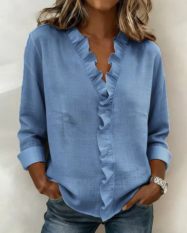 Indie | Blouse avec volants, décolleté en V et manches longues