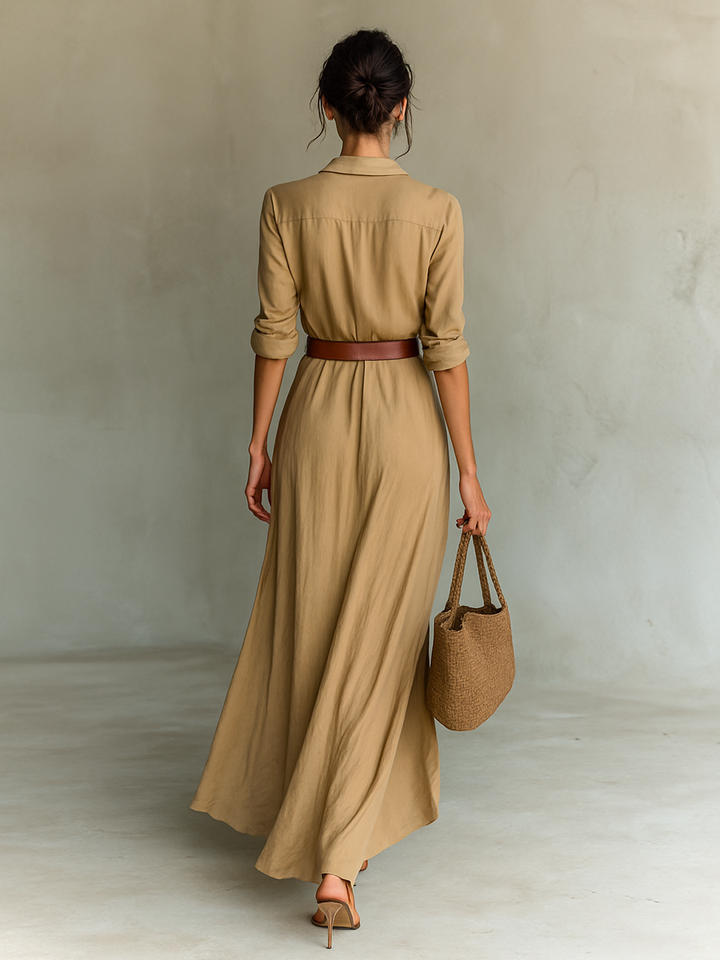 Robe Maxi Col Revers à Manches Longues