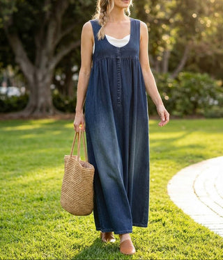 Karen | Robe Longue en Denim Lavé Vintage avec Touche de Coton Doux